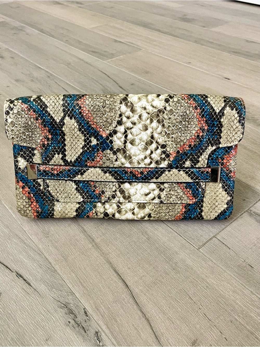 Zara Snake Print Clutch Bag Faux Leather Envelope Handbag Magnetic Blue Coral